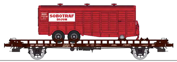 REE Modeles WB-617 - French UFR double transport Era III HR 598191 brown, black frame + 1 twin axles van trailer SOBOTRA